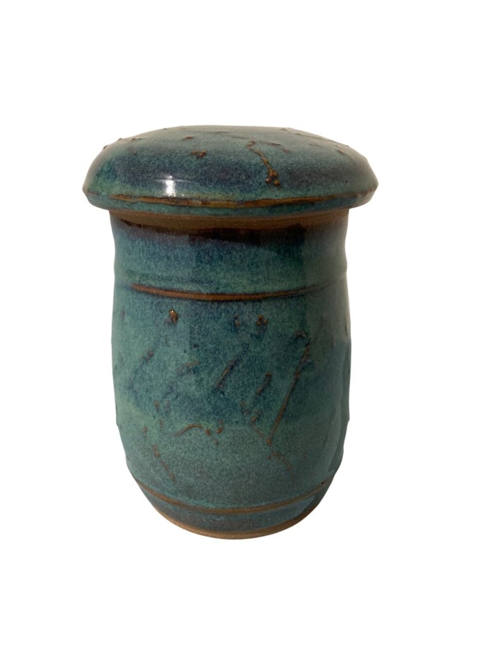 Studio Pottery Lidded Jar With Blue Glaze And Earthy Accents Clay By Stacia